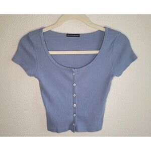 Brandy Melville Womens Top Blue Short Sleeve Ribbed Cropped Cotton ONE SIZE
